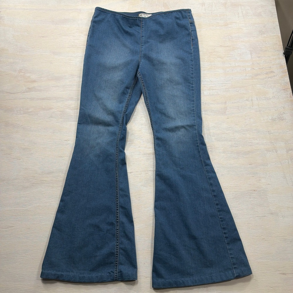 Free People Jeans Penny Pull On Flare 31 High Rise Stretch Blue Denim Womens